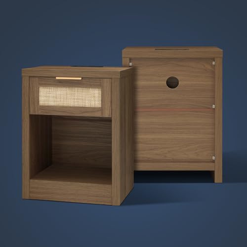 Oakham Home SETRATTANNIGHTSTANDBROWN0001 Nightstand Set Of 2, Rattan Night Stand With Type-C Charging Station, Bedside Table With Drawer, Boho Bed Side Table End Table Accent Table For Bedroom Living Room thumb #6