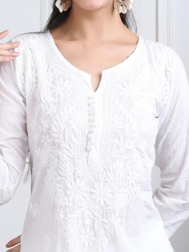 Image of Women's Lucknowi Chikankari Handwork Cotton Kurti, Palazzo and Dupatta Set