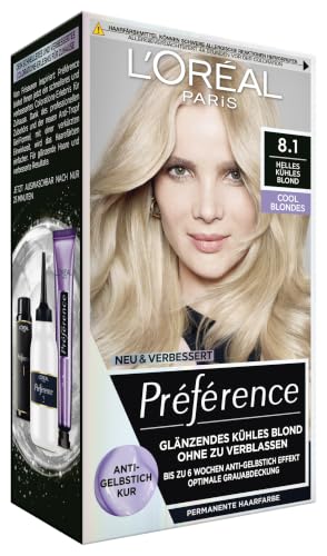 L'Oréal Paris Permanente Haarfarbe mit kühlem Farbergebnis, Haarfärbeset mit Coloration und Anti Gelbstich Pflegebalsam, Préférence Cool Blondes, Nr. 8.1 Helles kühles Blond (Kopenhagen), 1 Stück