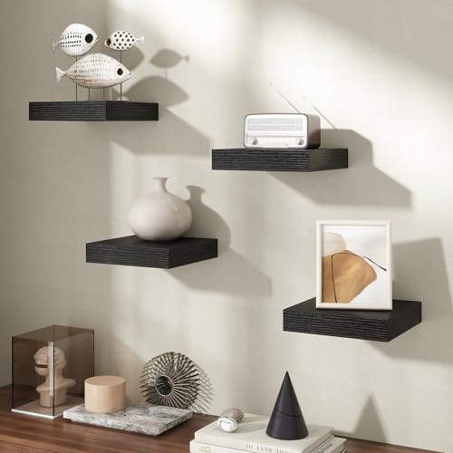 Image of Axeman Square Floating Shelves for Wall, 8 inch W x 8 inch D x 1.4 inch H Rustic Wooden Wall Shelves, 4 Pack Wall Mounted Floating Shelf with Invisible Brackets for Living Room, Bathroom, Kitchen, Black Color