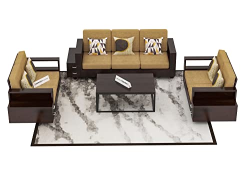 Image of Sheesham Wood 7 Seater Sofa Set with 2 Drawer Storage | 3+2+2 Wooden Sofa Set Furniture for Living Room Home Office (Walnut)