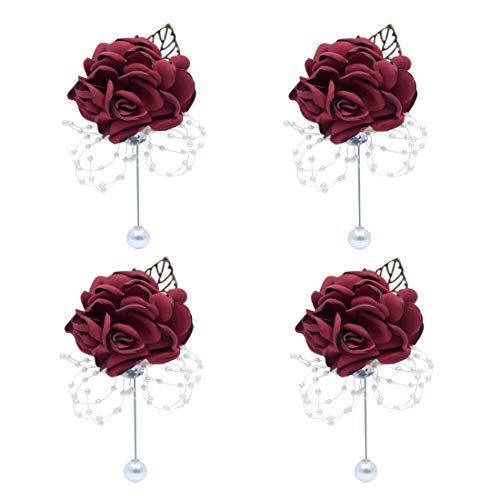 HBEDU Groom Boutonniere Flower Satin Rose Pearl Groomsmen Brooch for Wedding Flowers Party Decoration Pack of 4ï¼ˆWine Red