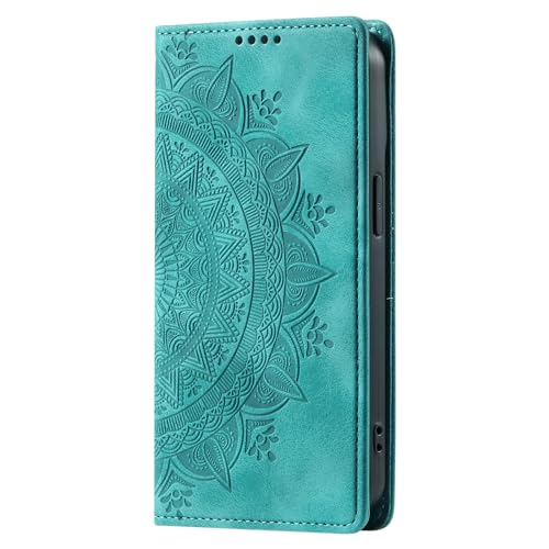SUPWALL Flip Case Designed for Samsung Galaxy S6, Wallet Case PU Leather Emboss Mandala Flowers Wrist Strap Folio Card Slots Magnetic Kickstand Protective Phone Cover, Mint Green
