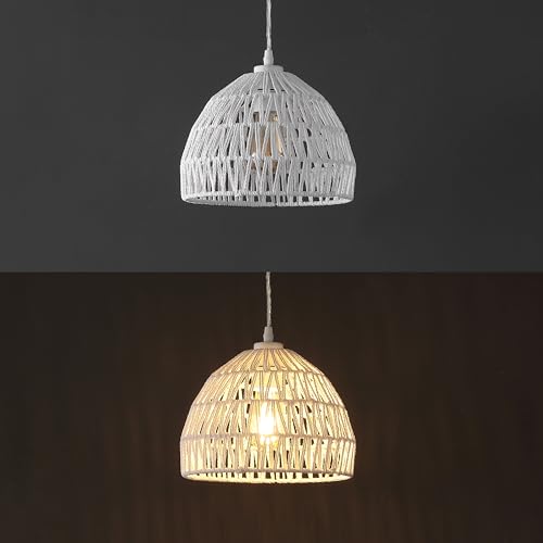 Image of JONATHAN Y 10.25 inch White Modern Bohemian Woven Rope LED Pendant Light Fixture, Adjustable Dome Ceiling Lamp for Kitchen Island, Rope Shade, Coastal Farmhouse Decor (JYL6513A)