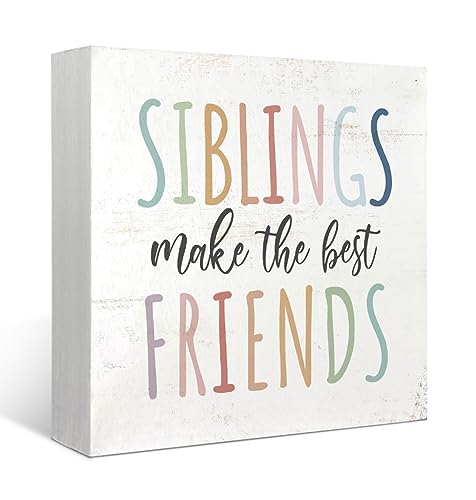 Mtrgdn Kids Bathroom Decor,Kids Room Toddler Nursery Bathroom Playroom Bedroom Unisex Decoration Shelf Desk Wall,Siblings Make the Best Friends Wood Box Sign Girl/Boy Shared Room,5x5 Inch