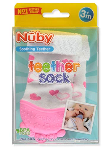 Image of Nuby Soothing Teether Sock, Pink Hearts, 5 inch