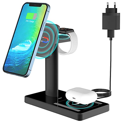 RUMIXI Wireless Charger, 3 in 1 Induktive Ladestation Qi 20W Kabelloses Ladegerät Ständer mit QC Adapter kompatibel mit iPhone 13/12/11 Pro Max/XR/XS/X/8+, Apple Watch SE/7/6/5/4/3/2, AirPods Pro/3/2