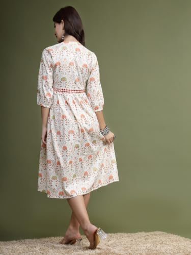 Image of Rama's Women's Printed Cotton One Piece Dress | V-Neck | 3 /4 Sleeves | Empire Waist | Knee Length Casual Dress for Women