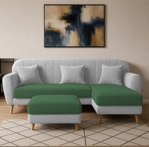 Image of Atticus RHS 4 Seater L Shape Sofa Set with Ottoman for Living Room (Green Grey Fabric) Premium Fabric Sofa Set