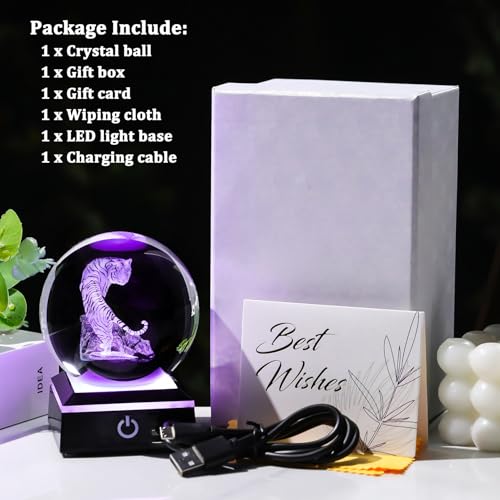 Image of Arikyrist 3D Tiger Crystal Ball Figurine with Colorful Light Base, Tiger Gifts for Women Men on Christmas Birthday, Laser Engraved Tiger Collectible Globe Glass Decorative Ball for Home Office (80mm)