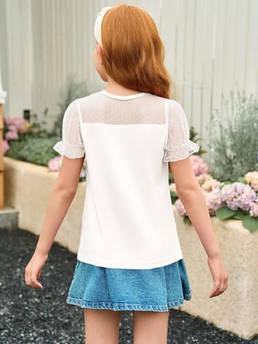 Image of Haloumoning Girls Shirts Sheer Puff Sleeve Tops Cute Swiss Dots Summer Blouse Tee 5-14 Years