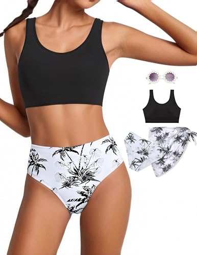 Image of Teen Girls Swimsuit High Waist Sporty Bikini Bathing Suits with Cover Up Skirt and Sunglasses 4 Piece Set 8-15 Years