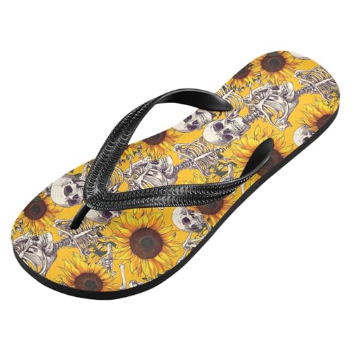 Women Flip Flop Sandals Casual Summer Sandal, Mens Flip Flops for Beach Outdoor-Skulls Sunflowers Print XS2