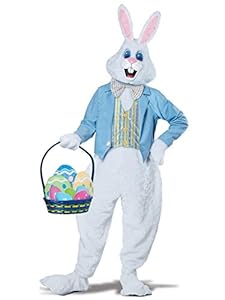 It includes a faux fur body suit with attached vest and jacket, a bunny head with mesh eyes and attachable ears, a pair of bunny mittens and shoe covers Basket with eggs not included