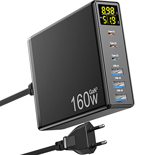 Cargador USB C, 160W GaN 6-Port Cargador iPhone Carga Rapida con LED...