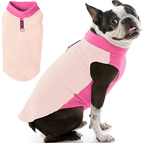 Image of Gooby Half Stretch Fleece Vest Dog Sweater, Peach, Medium | Soft warm fleece; Stretch fleece bottom; Two-tone colors; Back D-ring for short walks
