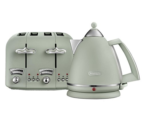DeLonghi Argento Flora KBX3016 Kettle (3kW) and CTO4 4-Slice Toaster (1800W) (Green)