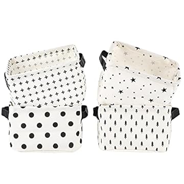 LessMo 4 Pack Storage Baskets, Collapsible Mini Storage Boxes, Canvas Fabric Waterproof Storage Bins made from Cotton and Linen, for Toys, Bathroom, Closets, Playroom (BLACK-SPOT, Thin/waterproof)