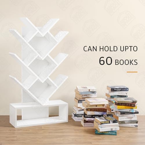 Image of ABOUT SPACE Book Shelf for Home - 11 Tier Tree Shaped Book Rack for Study Room DIY Wooden Book Stand with Bottom Storage Space for Office, Livingroom, Bedroom (White - L 57 x B 21.5 x H 109 cm)