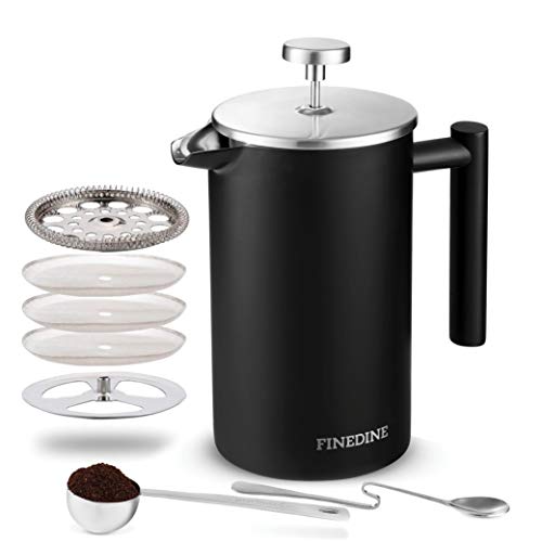 Finedine French Press Coffee Maker - 34-Oz 188 Stainless Steel Double-Wall Insulated Retains Heat Longer - Triple-Screen Grounds Filter System Sleek Matte Black Extra Filter Components Included