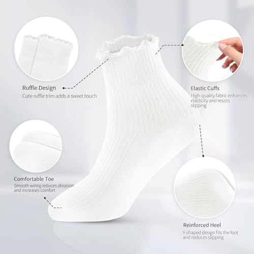Ruffle Socks Women,Cotton Soft Frilly Socks for Women Girl Casual Cute Ankle Sock Lettuce Edge Crew Sock 6 Pairs3