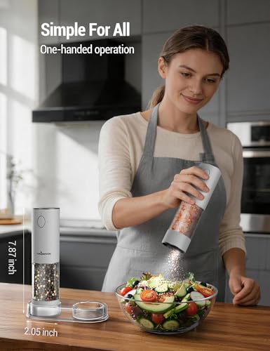 Image of ThermoMaven Electric Salt and Pepper Grinder Set, 110ml Larger Rechargeable Automatic Salt and Pepper Mill Grinder with 6 Adjustable Coarseness, Electric Salt and Pepper Shakers, LED, White Sand