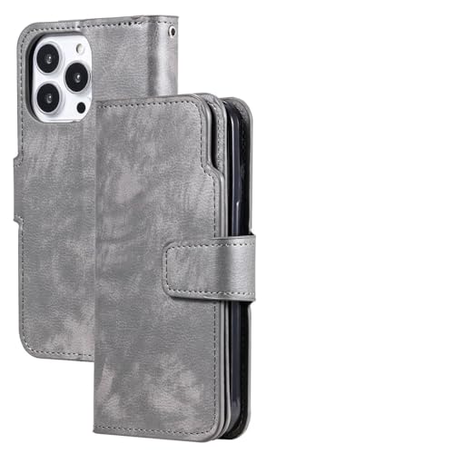 Étui iPhone 12 / 12 Pro gris en cuir avec portefeuille intégré et rabat magnétique