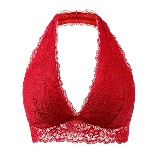 Cotorance Womens Lace Bra No Underwire No Pads V Neck Halterneck Bralettes Red