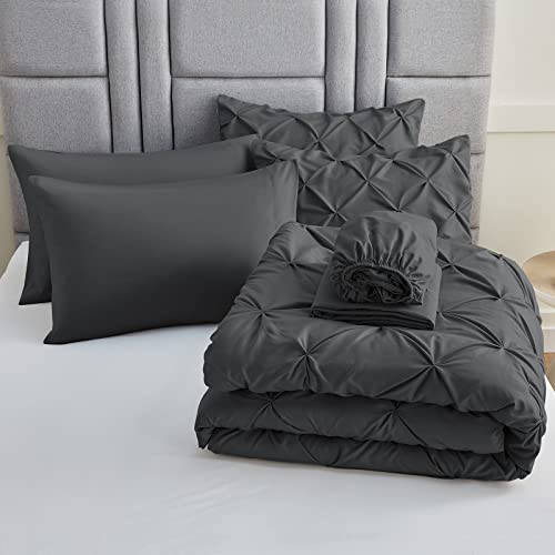 Cozylux Queen Comforter Set - 7 Pieces Comforters Queen Size Dark Gray, Pintuck Bed In A Bag Pinch Pleat Bedding Sets With All Season Comforter, Flat Sheet, Fitted Sheet And Pillowcases & Shams #TOP4