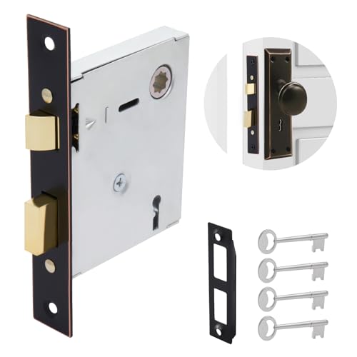 Old Mortise Lock Replacement Parts Vintage Style Mortise Lock Set for Interior Doors, Oil Rubbed Bronze Plated Finish, Reversible Latch Bolt, Antique Skeleton Keys