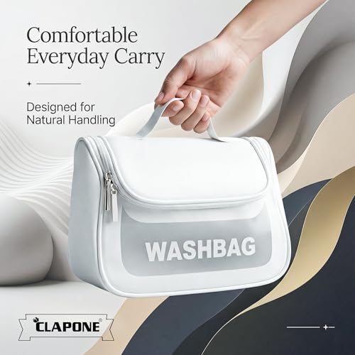 Image of Cosmetic Bag for Women, PU Leather Makeup Pouch, Large Capacity Travel Makeup Organizer with Divider & Handle, Waterproof Portable Vanity Storage Bag for Toiletries (Washing Bag-White)