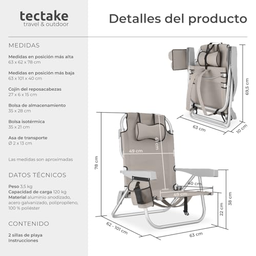 Miniatura 2 de tectake® Silla Playa Plegable con Respaldo Ajustable, Función Mochila, Silla Camping Ligera, Ideal cómo Sillas Playa o Sillas Plegables Camping para Relax - 2 Unidades Beige