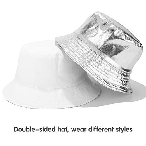 Silver White Bucket Hat For Women, Summer Travel Beach Outdoor Sun Hat Reversible Double-Side-Wear #TOP2