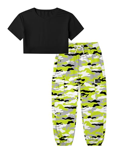 Image of Betusline Girls 2 Piece Set, Black Cute Short Sleeve Crop Tops + Green Gray Camo Cargo Jogger Pants Clothes, 7-8Y = Tag 140