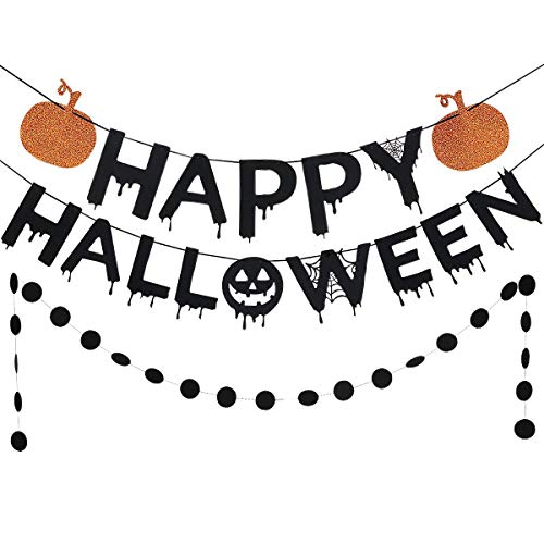 Black Glittery Happy Halloween Orange Pumpkin Banner and Black Circle Dots Garland -Home Decor Sign Outdoor Indoor Halloween Party Decoration Supplies
