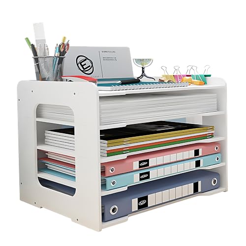 GusyDocxxy 5-Tier File Organizer for Desk A3 Document Storage Rack Paper Organizer for Desk Desktop Document Storage Holder for Home Office School A3/A4 Size Paper White (White-A3-5-Tier)