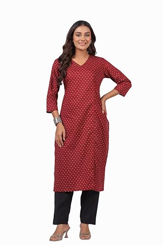 Image of Ichaa Women's Cotton Kurta | Printed Straight Kurta | V-Neck, 3 /4th Sleeve, Ethnic Wear