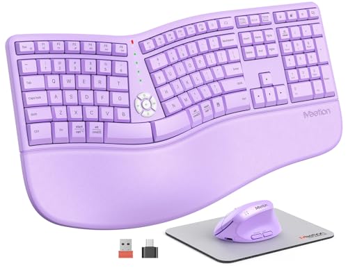 Image of MEETION Wireless Ergonomic Split Keyboard Vertical Mouse Combo, Full Size Rechargeable Keyboard with Wrist Rest for Windows Mac Laptop Desktop, Purple