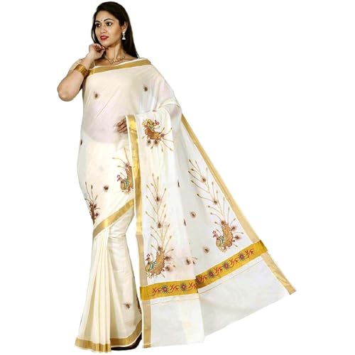 Stylesindia Cotton Kerala Kasavu Zari Embroidery Saree With Blouse, Kuthampully