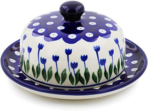 Authentic Polish Pottery Dish with Cover in Blue Tulip Peacock Design Handmade in Boles?awiec Poland by Ceramika Artystyczna + Certificate of Authenticity