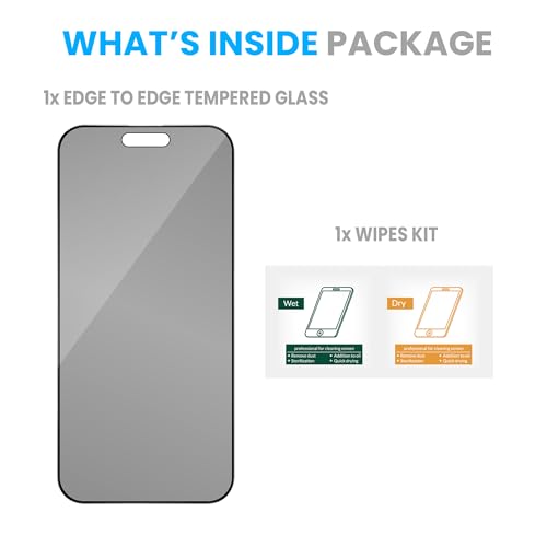 Image of ArmourPro Privacy Tempered Glass for iPhone 16 / iPhone 15 - Anti-Spy Anti Peeping Screen Protector, 9H Hardness, Edge-to-Edge Coverage, Ultra Thin, Bubble-Free Installation Kit | Black
