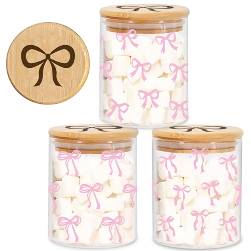 FYSUIMU Juego de 3 tarros de almacenamiento de vidrio con lazo rosa con tapa hermética, bonitos botes decorativos para coqueta, hogar, cocina, encimera