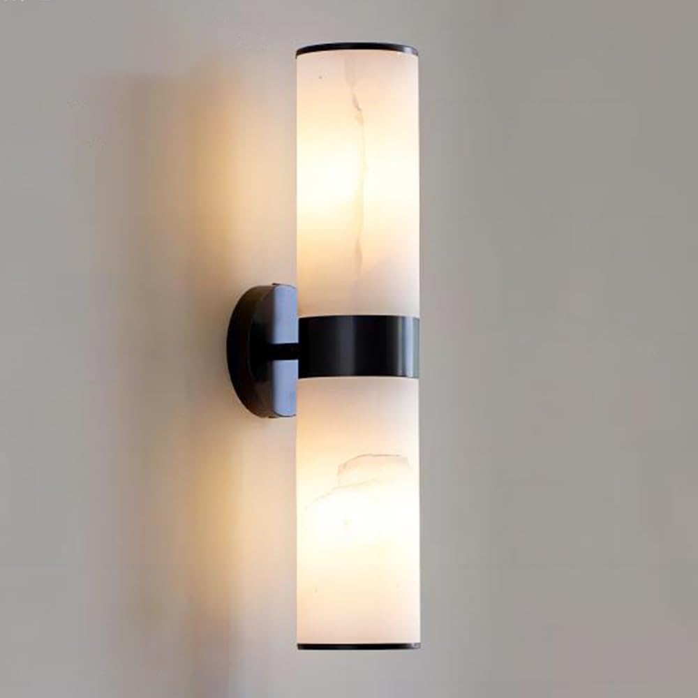 KBUUKYYXouy Alabaster Sconces Wall Lighting Up Down 2-Light Brass Lamp, Modern Dresser Lights with Cylindl Natural Marble Lampshade, Lamps for Bedroom Living Room Hallway Stairs Decor (d)(Black)