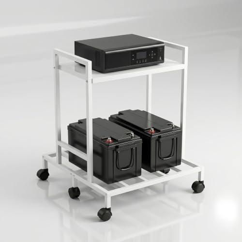 Image of 2-Tier Double Battery Stand with Wheels - Heavy Duty White Metal UPS Trolley for Inverter & Battery Storage, Durable & Space-Saving Design (White)