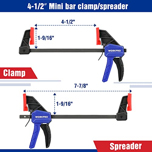 WORKPRO Mini Bar Clamps for Woodworking, 6"(2) and 4-1/2"(2), 4-Piece One-Handed Clamp/Spreader, Light-Duty Quick-Change F Clamp with 150lbs Load Limit Blue