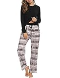 Uniexcosm Schlafanzug Damen Baumwolle Pyjama Set Lang Zweiteiliger Nachtwäsche Raglanärmel Sleepwear und Karierte Pyjamahose Hausanzug Freizeitanzug Stil 1:Dunkelschwarz XXL