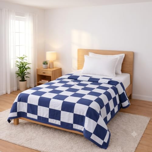 Image of Single Bed Dohar Classic Navy Check | Lightweight Summer Quilt | Soft Microfiber AC Blanket | Breathable All Season Comforter | Skin Friendly Bed Cover