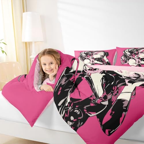 Image of Erosebridal Pink Anime Girls Bedding Cartoon Japanes-Style Comforter Set Queen, Graffiti Street Culture Bed Comforter Set for Kids Teens Youth Watercolor Hippie Style Duvet Set 3Pcs