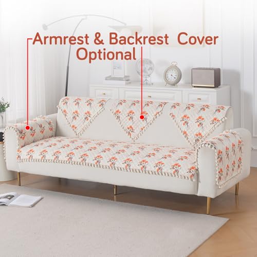 Image of HOKIPO Autumn Blossom Quilted Sofa Cover 5 Seater Set - Washable 3+1+1 Sofa Cover Mat with Tassel Design | 'Tassel Twigs' Series (IN-985-T5 + IN-982-T5*2)