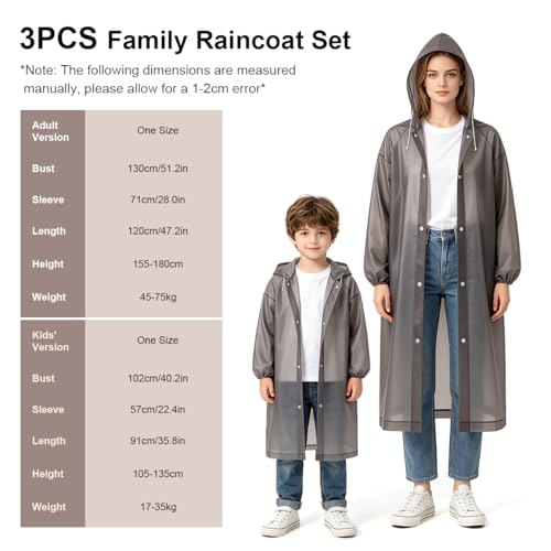Image of PALAY 3PCS Family Raincoat Set EVA, 2 Adult & 1 Kids Waterproof Hooded Rain Ponchos, Reusable Lightweight Rain Gear with Snap Closure, Portable Outdoor Travel Rainwear for Men Women Children